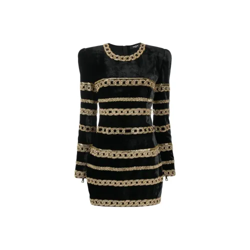BALMAIN Черное Женское Длинное Платье с Рукавами