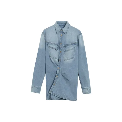 Ouyang Промытый синий Женские Длинные Платья с Рукавами