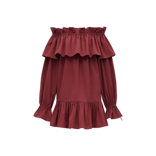 SAINT LAURENT Длинное платье с длинными рукавами женское бордового цвета