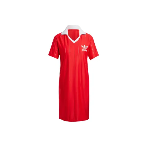 Adidas ADICOLOR 3 Полосы Полоска Платье Короткий Рукав Платье Женские Красный