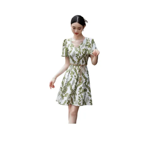 Hang Yi Court Короткий рукав Платье Женское Бежевый с зеленым принтом