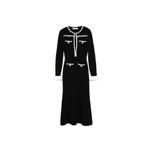 Self Portrait Длинное Платье с Длинными Рукавами Женское Черное