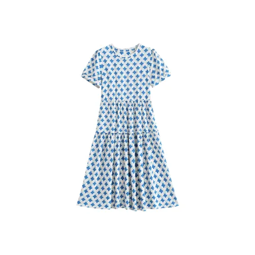 Корейский стиль Короткий рукав Платье Женское Синий