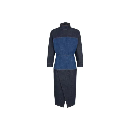 FENDI SS24 Длинное платье с длинными рукавами женское синее