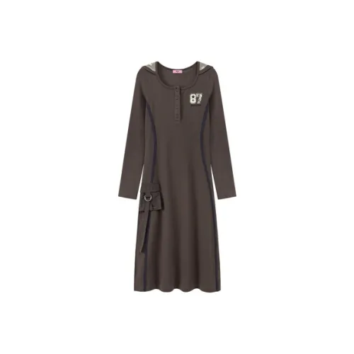 CHUU Длинное платье с длинными рукавами женское темно-серое