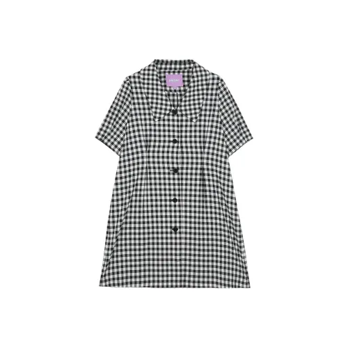 Omont Короткий рукав Платье Женское Черный Белый Клетка