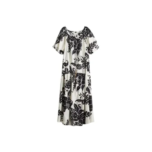 H&M Белый/Черный Цветочный Женские Короткие Платья с Рукавами