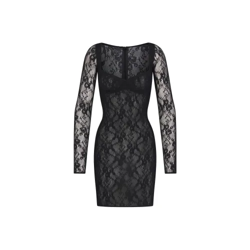 SKIMS Эластичный Кружево Подкладочное Платье с Длинными Рукавами и Подкладкой и Длинным Рукавом Платье Женское Оникс Оникс