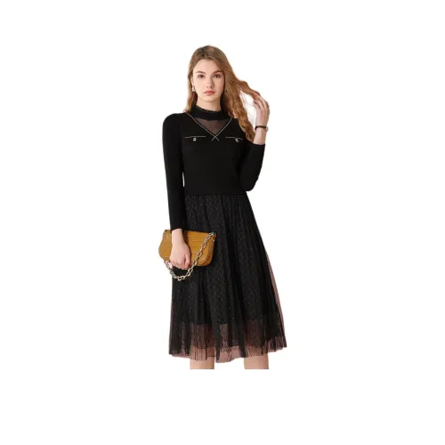 FENHONGMALI Длинное платье с длинными рукавами женское черное