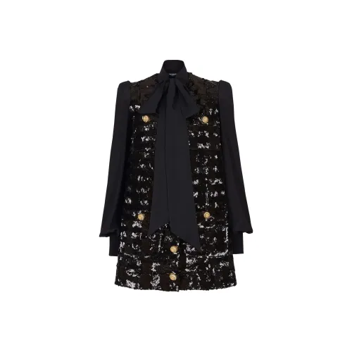 BALMAIN Черное Женское Длинное Платье с Рукавами