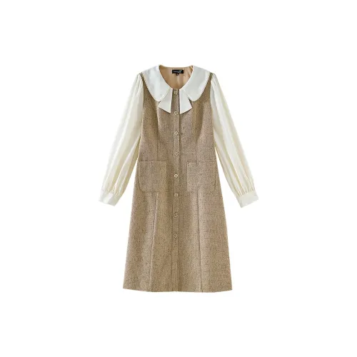 OUNIXUE Длинное платье с длинными рукавами женский цветочный дизайн кофе и абрикос