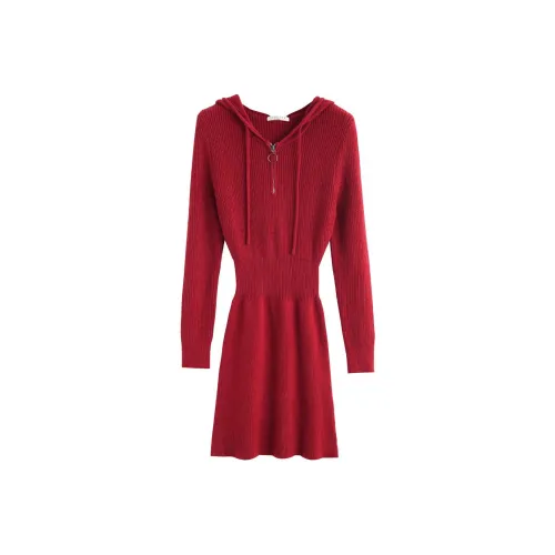 Tonlion Длинное платье с длинными рукавами женское темно-красное