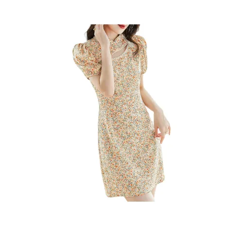 Like The Age Of Water Короткий рукав Платье Женское Желтый Цветочный