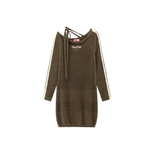 CHUU Длинное платье с длинными рукавами женское горчично-зеленый