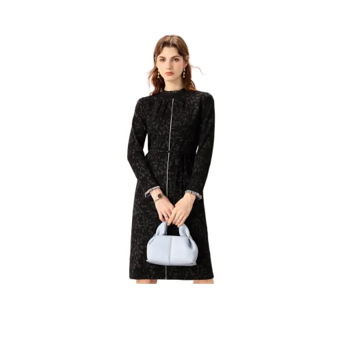 FENHONGMALI Длинное платье с длинными рукавами женское черное