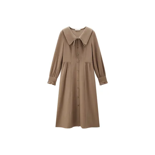 Giordano Длинное платье с длинными рукавами женское карамельного цвета