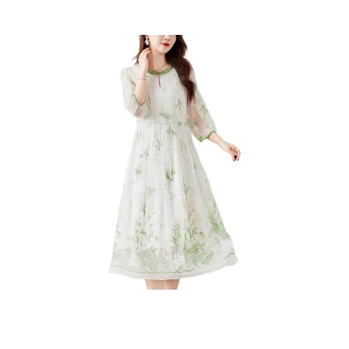 Ink Beauty SS24 Длинное платье с длинными рукавами женское зеленое