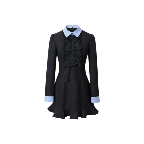 ONE PASS STUDIO Длинное платье с длинными рукавами женское темно-синий