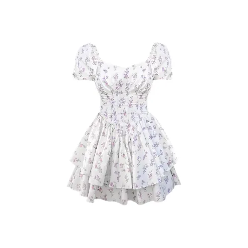 ABBY GODDESS Короткий рукав Платье Женское Белое Основа с Фиолетовым Цветочным