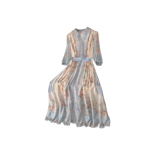 Cypress House Короткий рукав Платье Женское Розовый с голубым цветком