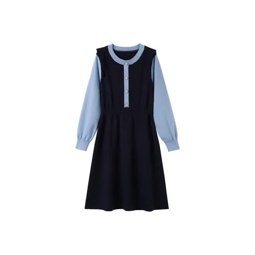 Роскошное длинное платье с длинными рукавами женское темно-королевский синий с светло-синими акцентами