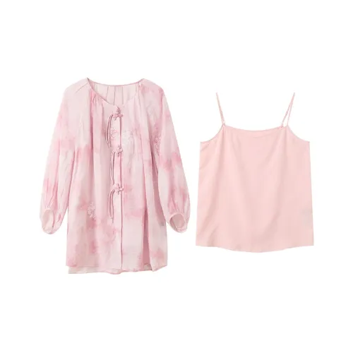 3COLOUR Комплект Женский Вишневый Цветок Розовый Рубашка + Майка с бретелями