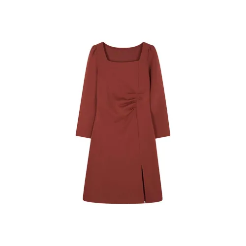 Mo Han Yi Mei Длинное платье с длинными рукавами женское кирпично-красного цвета