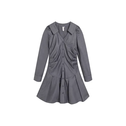 Ice cream and whale Серое Женское Длинное Платье с Рукавами