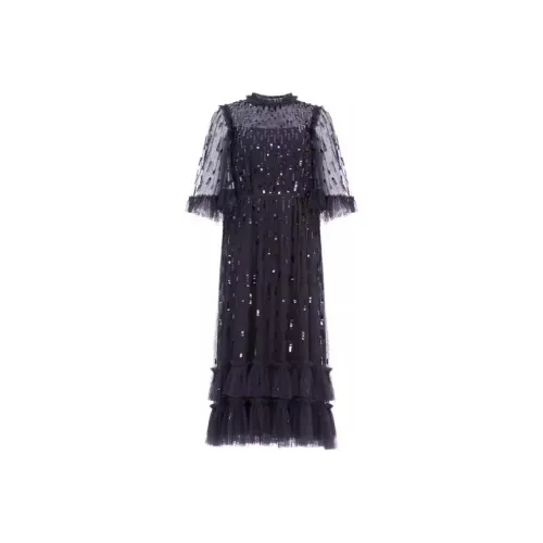 NEEDLE & THREAD Черное Женское Длинное Платье с Рукавами