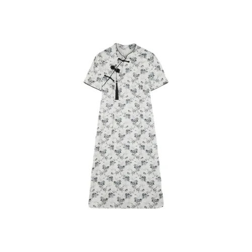 Mo Han Yi Mei Короткий рукав Платье Женское Бежевый с черными цветами