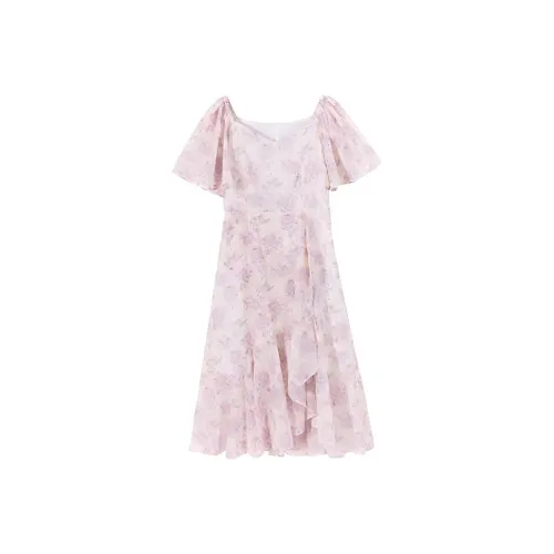 EICHITOO Короткое платье с короткими рукавами женское светло-фиолетовое с узором