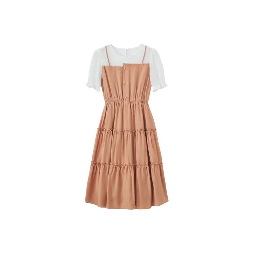 XIANGYING Короткий рукав Платье Женское Оранжевое