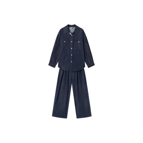 DIALOGUE Рубашка Комплект Женский Классический Джинсовый Синий