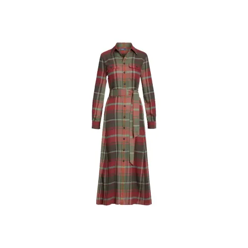 Polo Ralph Lauren Belted Клетчатый Хлопковая Смешанная Рубашка-Платье Длинный Рукав Женское Коричневый