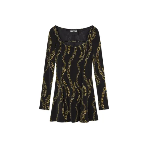 VERSACE JEANS COUTURE Длинное платье с длинными рукавами женское черное золотое