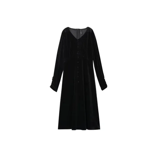 OUNIXUE Черное Женское Длинное Платье с Рукавами