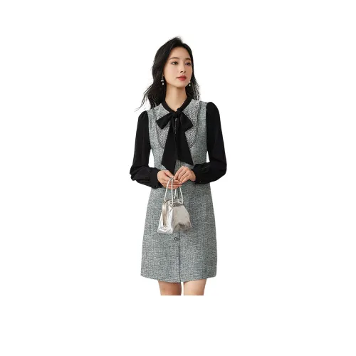 OUNIXUE Длинное платье с длинными рукавами женское серый и черный