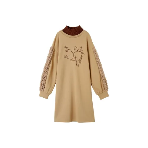 OUNIXUE Длинное платье с длинным рукавом женское цвет КАМЕЛ