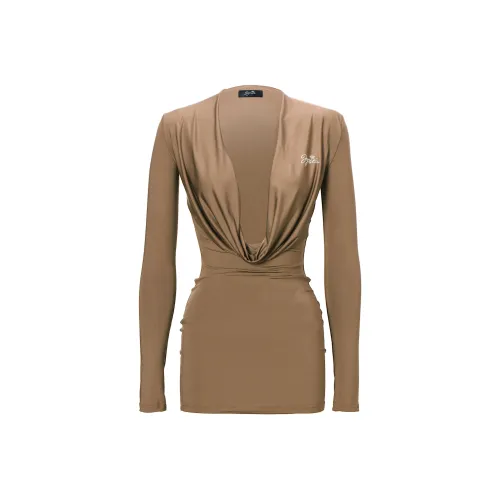 JYOSEI Длинное платье с длинными рукавами женское коричневое