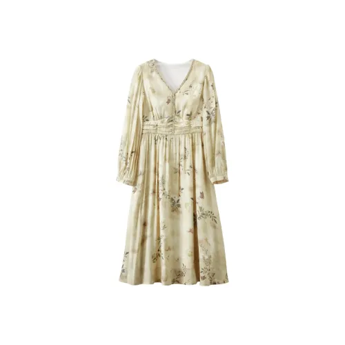 XIANGYING Длинное платье с длинными рукавами женское фруктовый зеленый