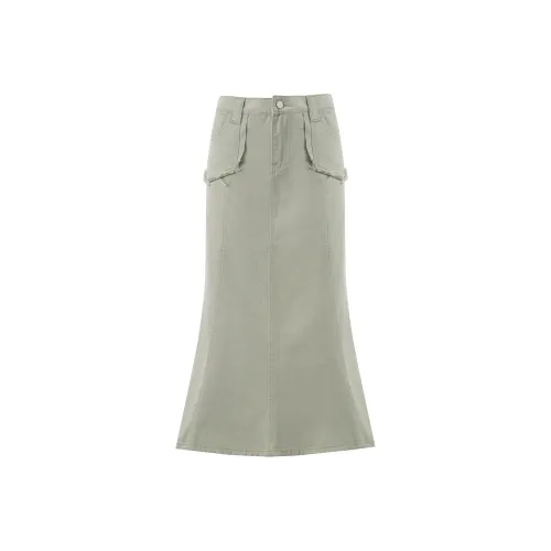 Wen Shan Деним Длинная Юбка Женская Мятно-Зеленая
