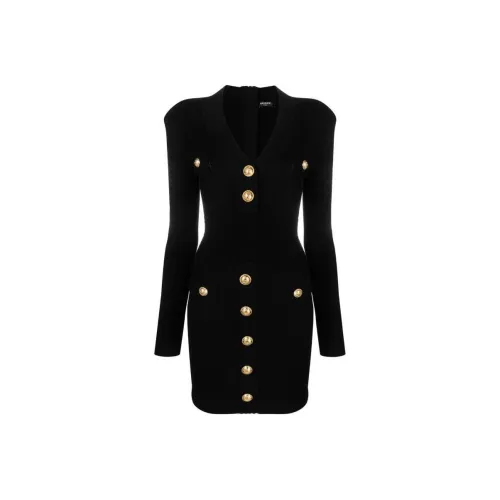 BALMAIN Черное Женское Длинное Платье с Рукавами