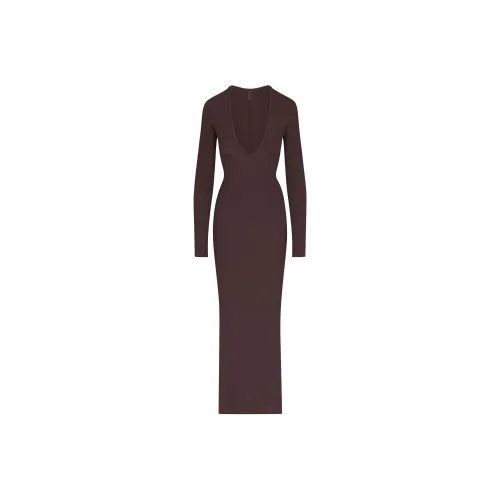 SKIMS Мягкий Lounge Deep Plunge Длинное Платье Длинное Платье с Рукавами Женский Феникс Феникс