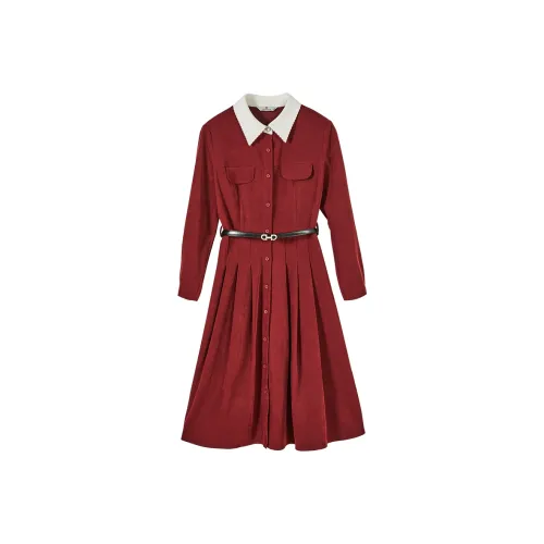 XIANGYING Длинное платье с длинными рукавами женское бордового цвета