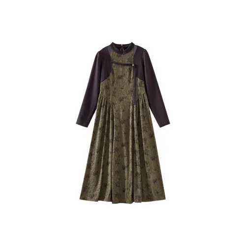 OUNIXUE Длинное платье с длинными рукавами женское чайный коричневый