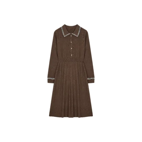 Mo Han Yi Mei Длинный рукав Платье Женское Кофейное