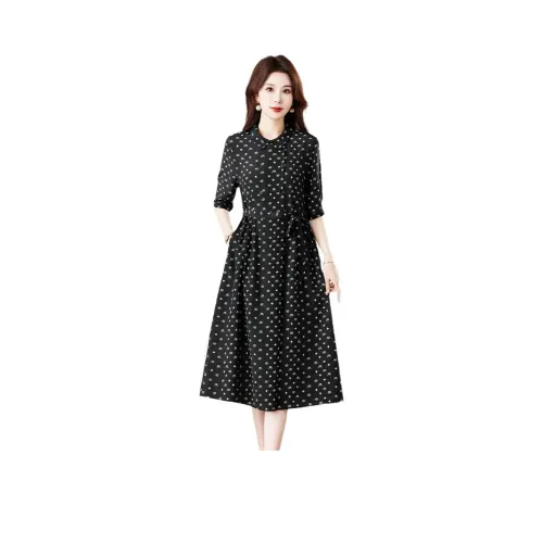 Yi Mengyuan Шелк Короткий Рукав Платье Женское Черное