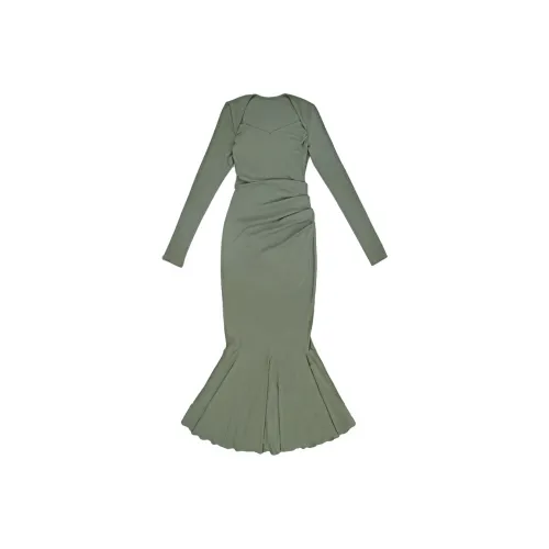 Sheep Design Длинное платье с длинными рукавами женское зеленое