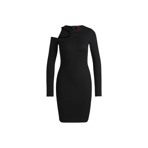 HUGO BOSS Черное Женское Длинное Платье с Длинным Рукавом