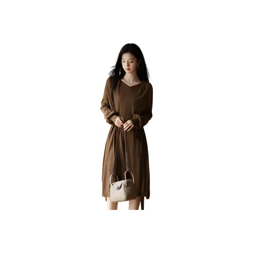 MT Длинный рукав Платье Женское Коричневое